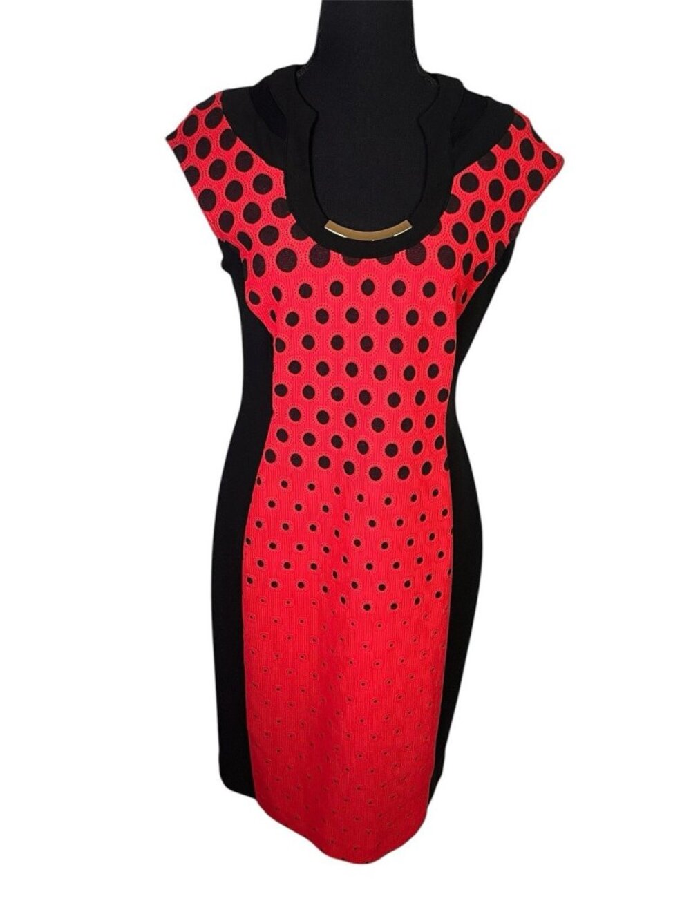 NWT Joseph Ribkoff Sz 12 Shift Dress Metal Hardware Eyelet Embroidered Polka Dot